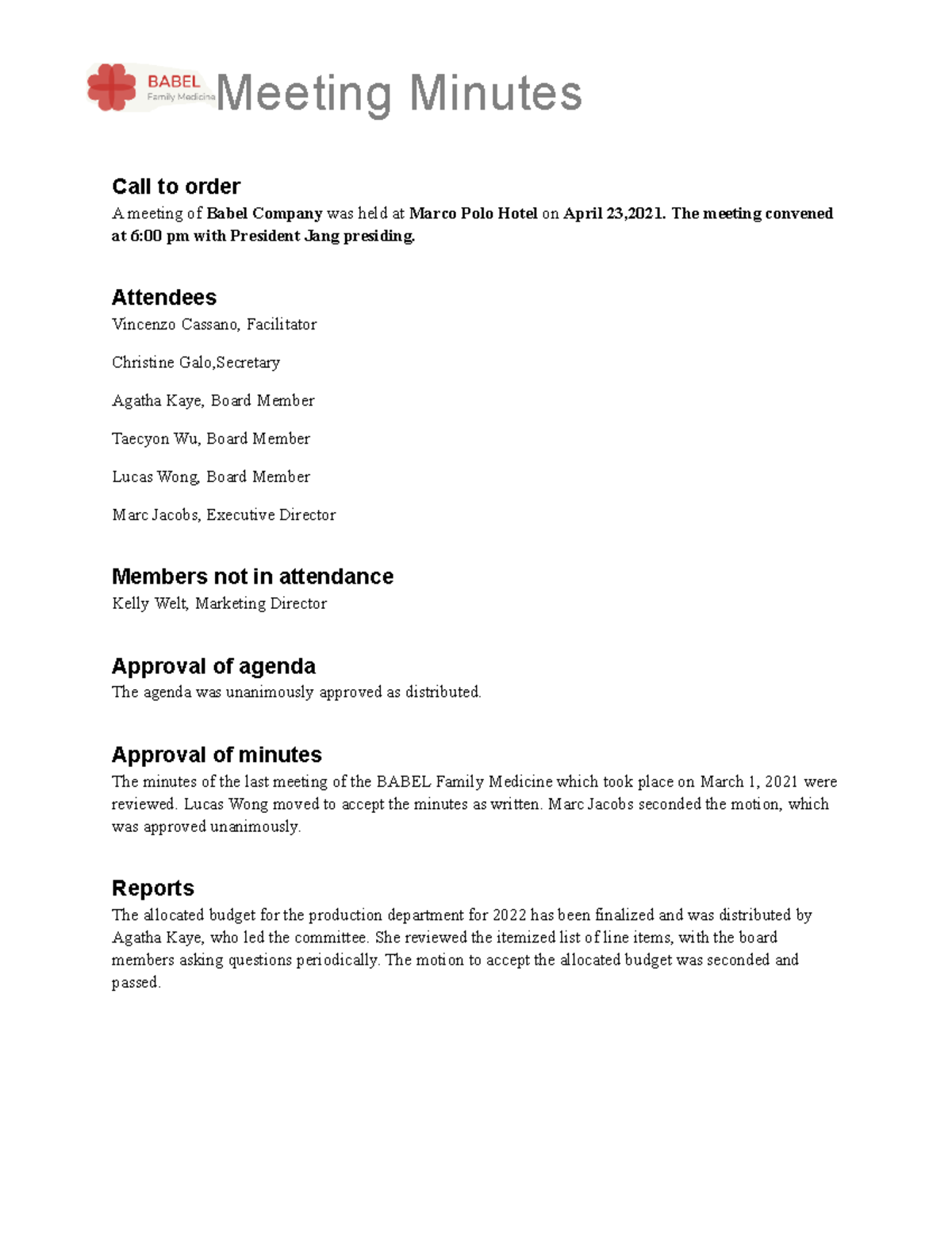 7th Exam - Grade: A - Meeting Minutes Call to order A meeting of Babel ...