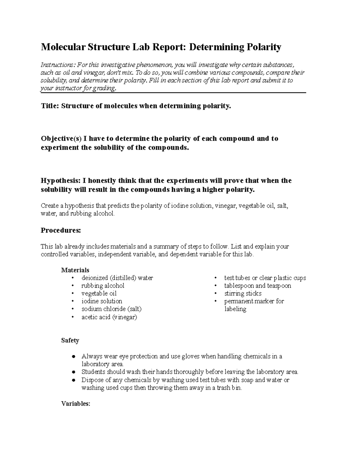 Lab report - none - Molecular Structure Lab Report: Determining ...