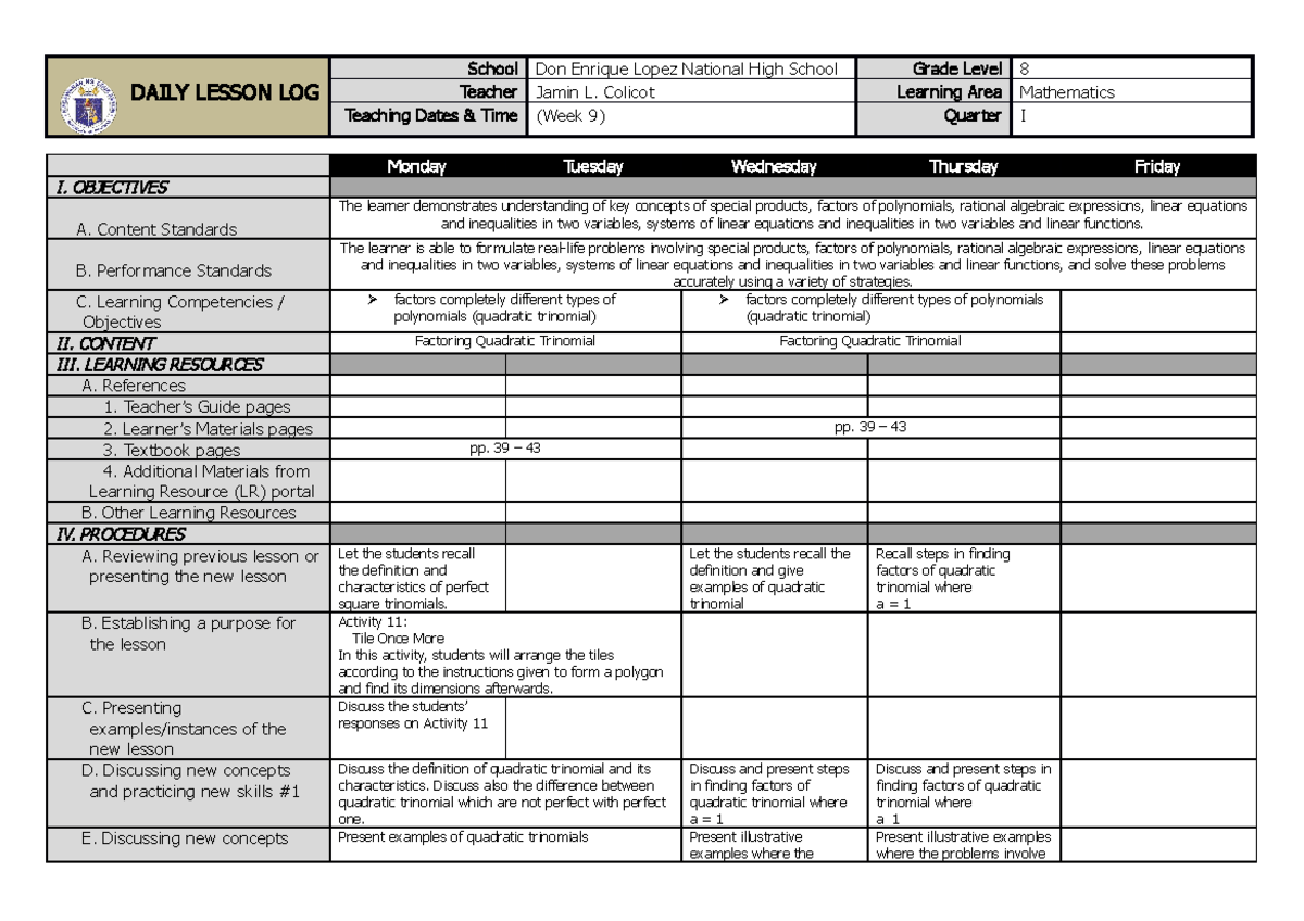 Sample Grade 8 DLL Q1W9 - DAILY LESSON LOG School Don Enrique Lopez ...