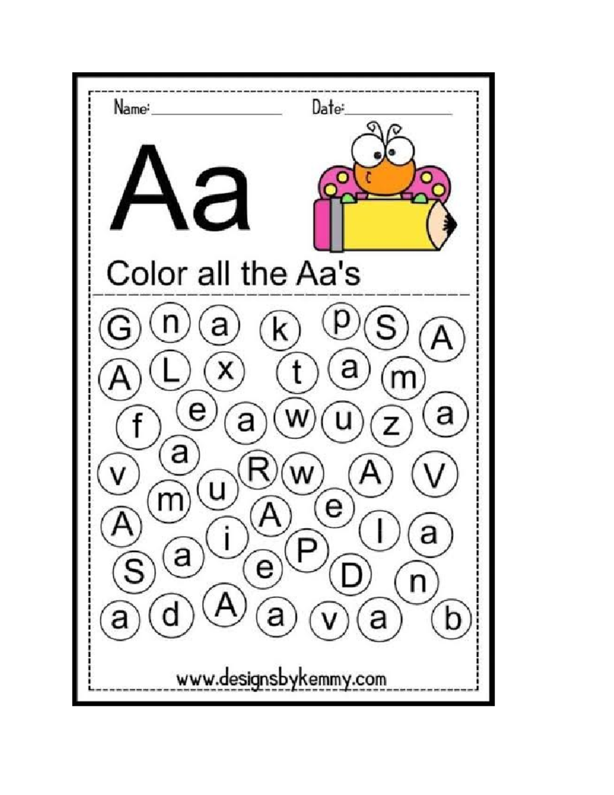 Kinder 1 ( Thursday) - N/A - Name: Date: Aa Color all the G n a k p S A ...