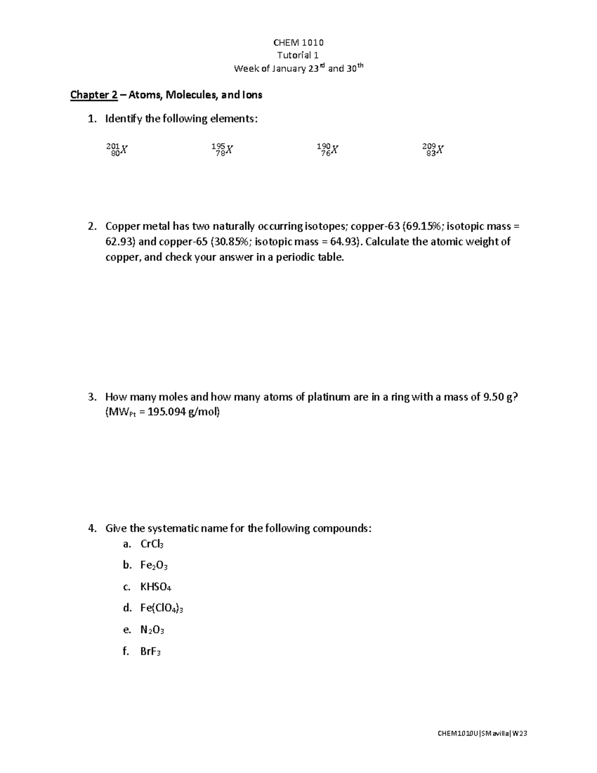 CHEM1010 Tut 1 SMavilla W23 - CHEM 1010 Tutorial 1 Week of January 23rd ...