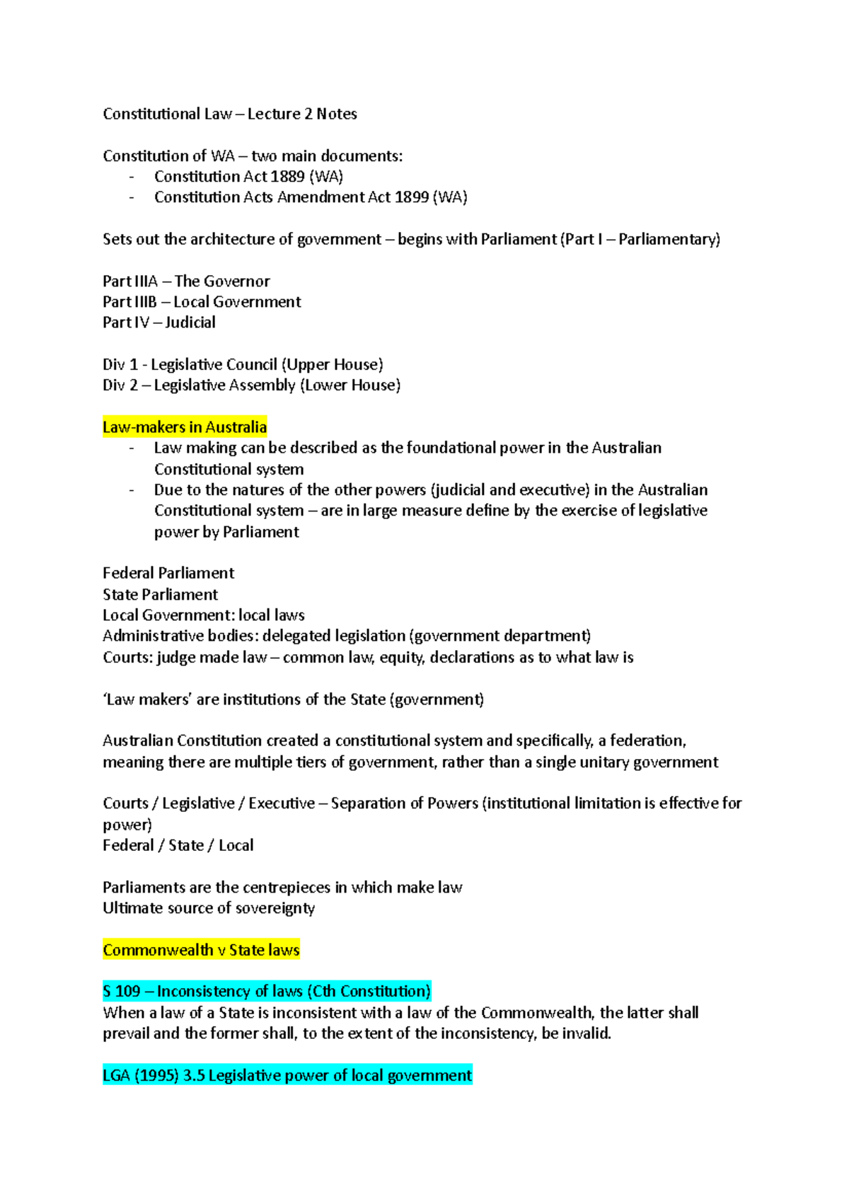 Constitutional Law - Lecture 2 Notes - Consituional Law – Lecture 2 ...