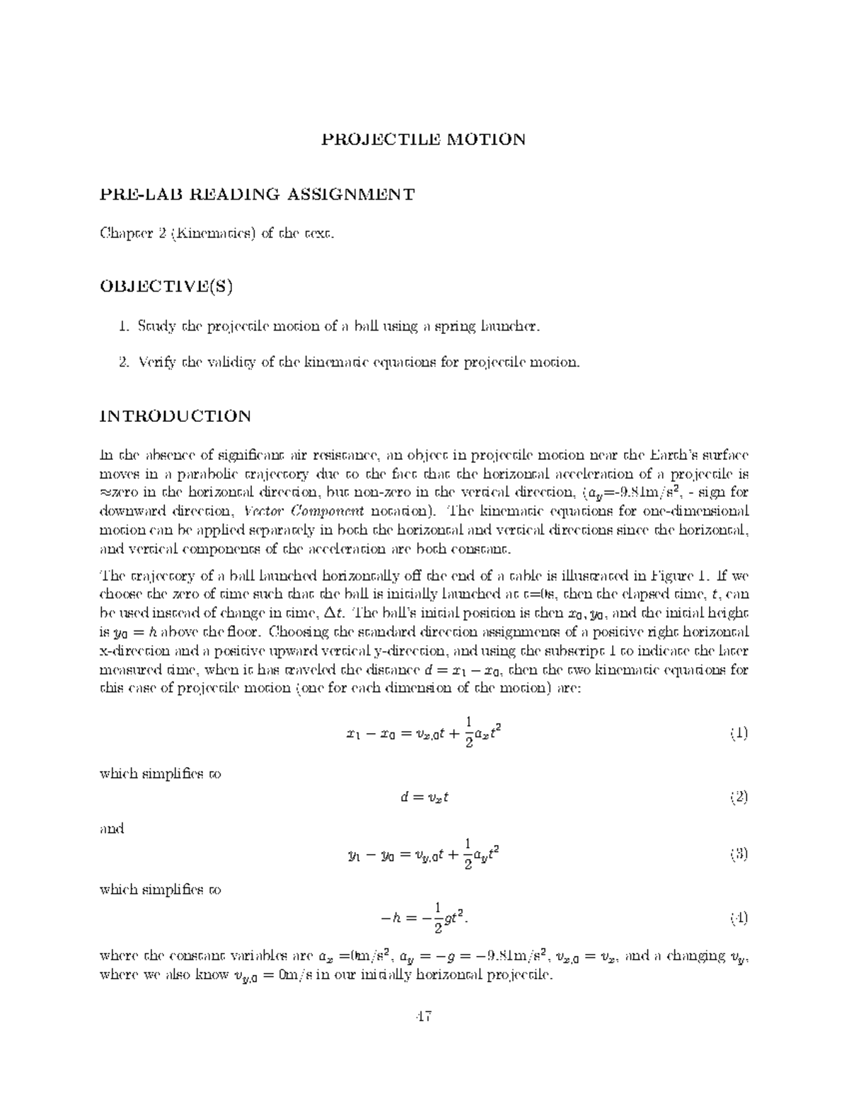Lab 5 Projectile Motion excerpt PRELAB READING ASSIGNMENT Chapter 2