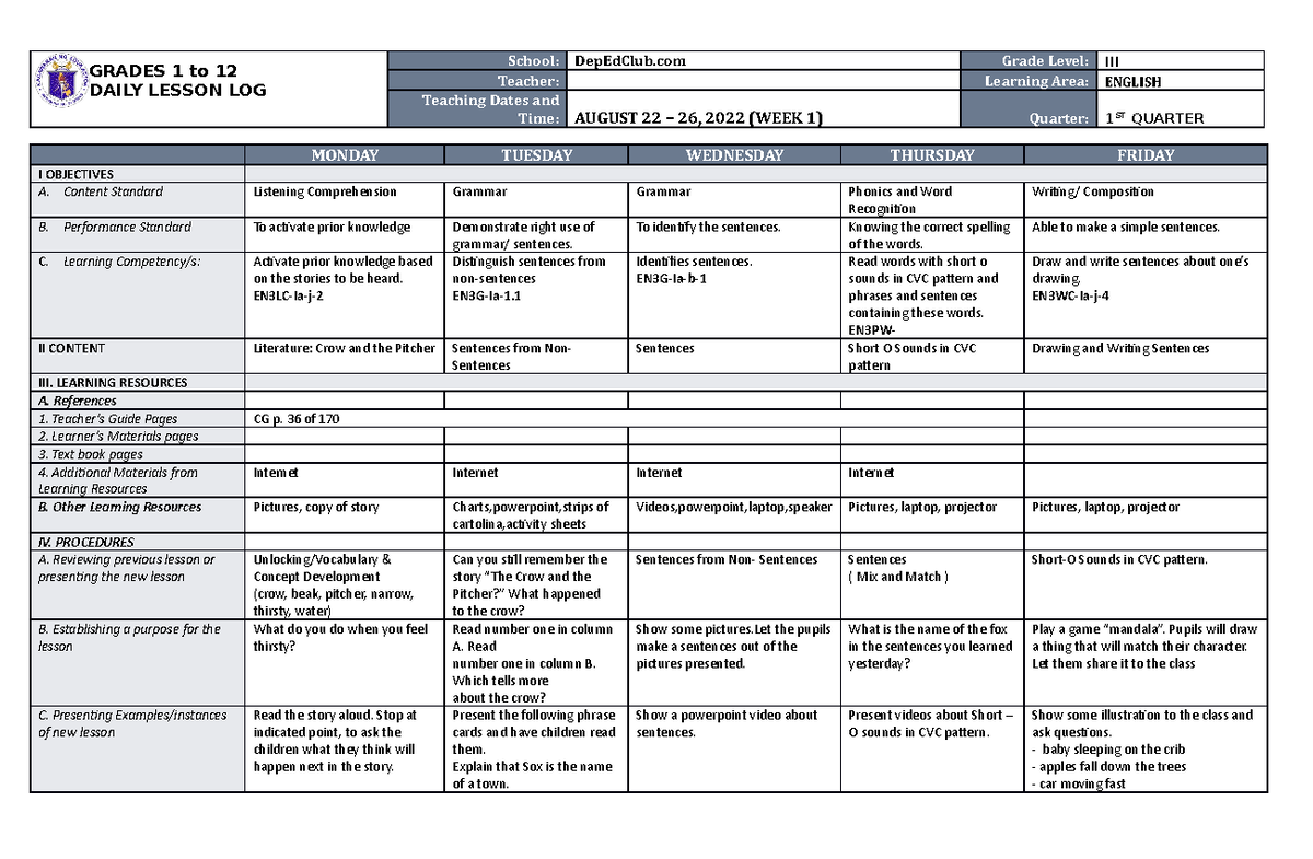 DLL English 3 Q1 W1 - new lesson - GRADES 1 to 12 DAILY LESSON LOG ...