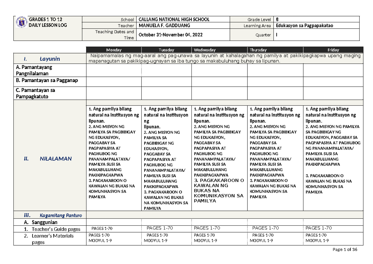 Grade 8 dll esp 2024 - saccacsA - GRADES 1 TO 12 DAILY LESSON LOG ...