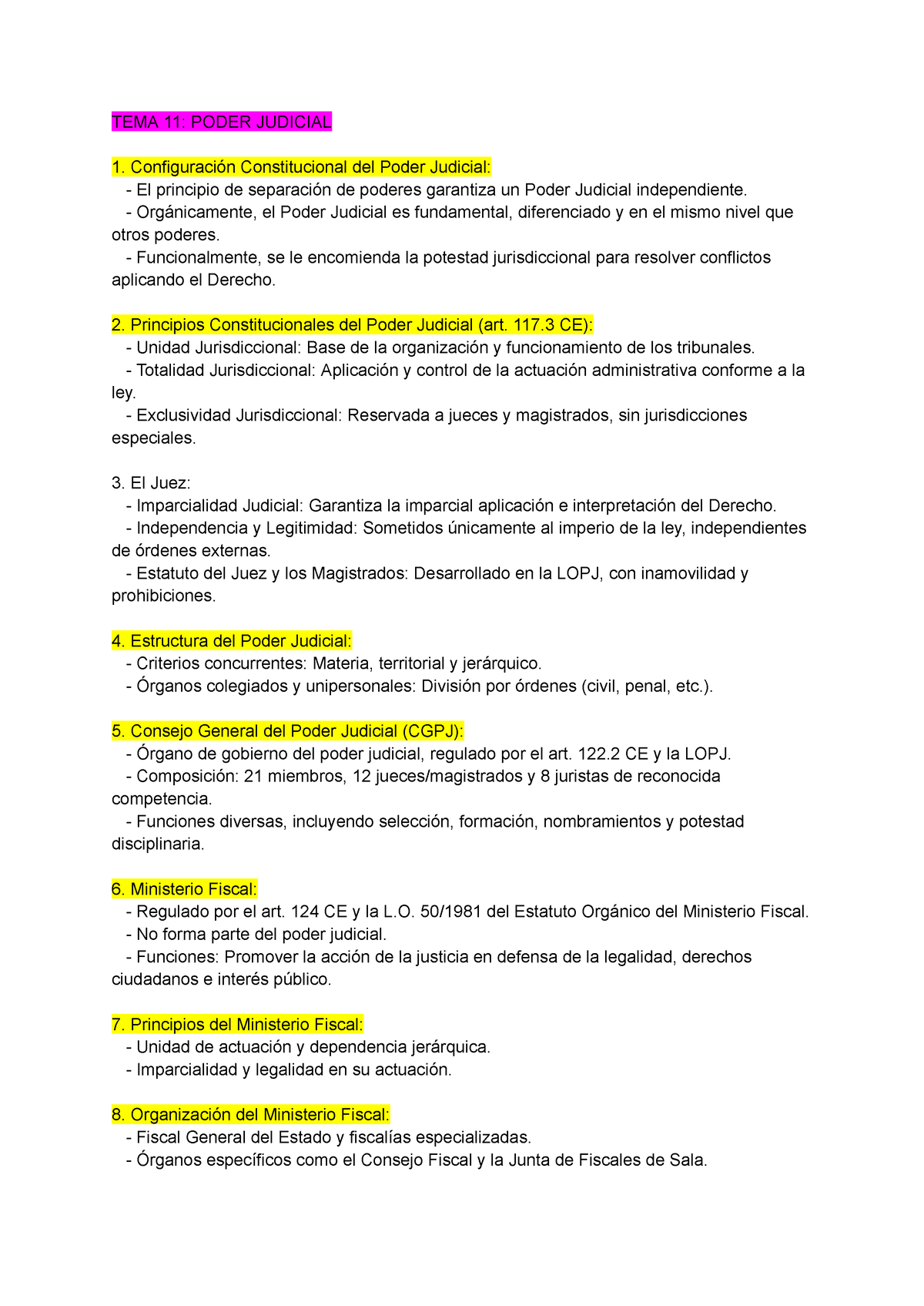 Tema 11 - Resumen - TEMA 11: PODER JUDICIAL Configuración ...