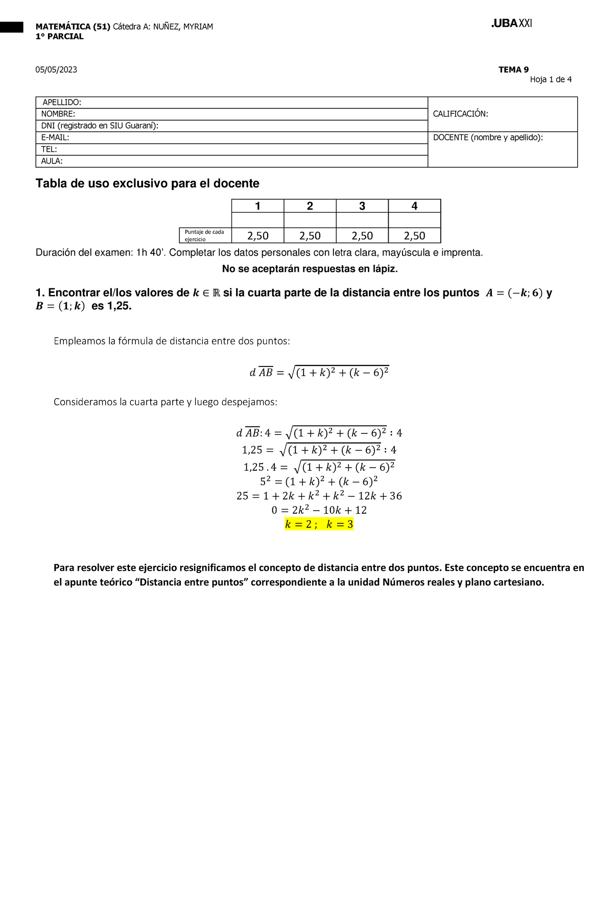 Respuestas - Primer Parcial Matematica 51 Tercer Turno TEMA 9 05-05 ...