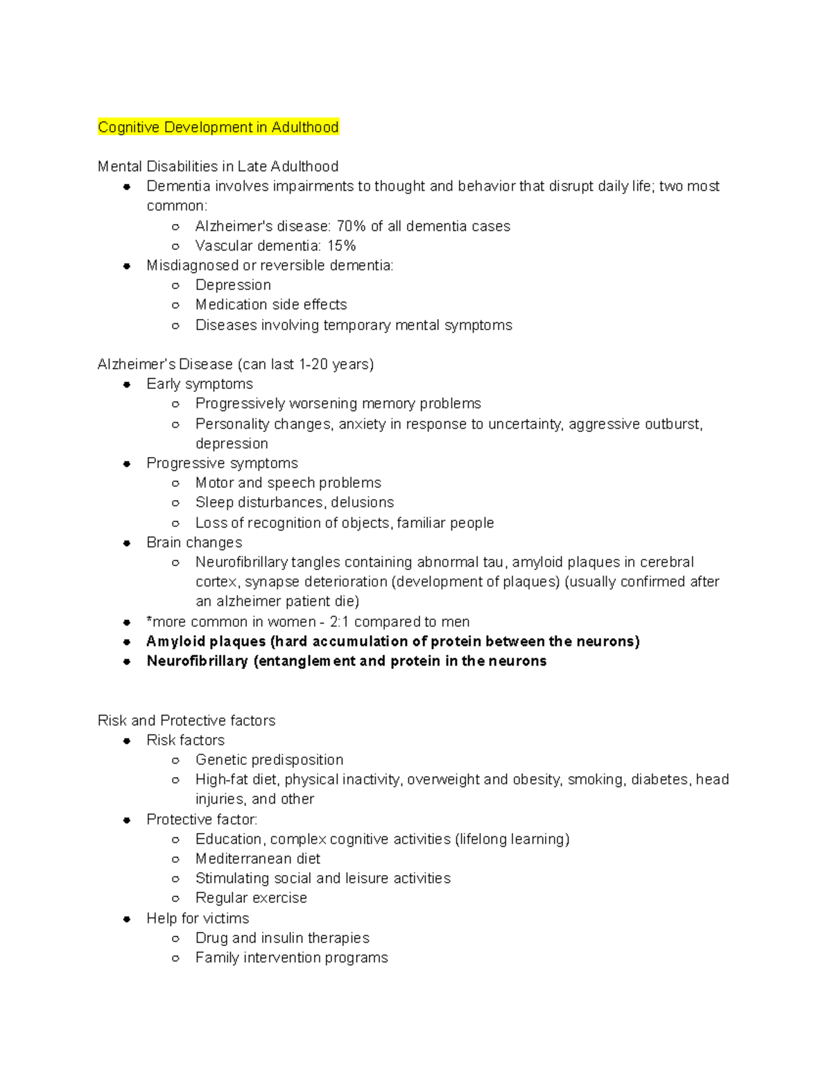 dev psych notes - Cognitive Development in Adulthood Mental ...