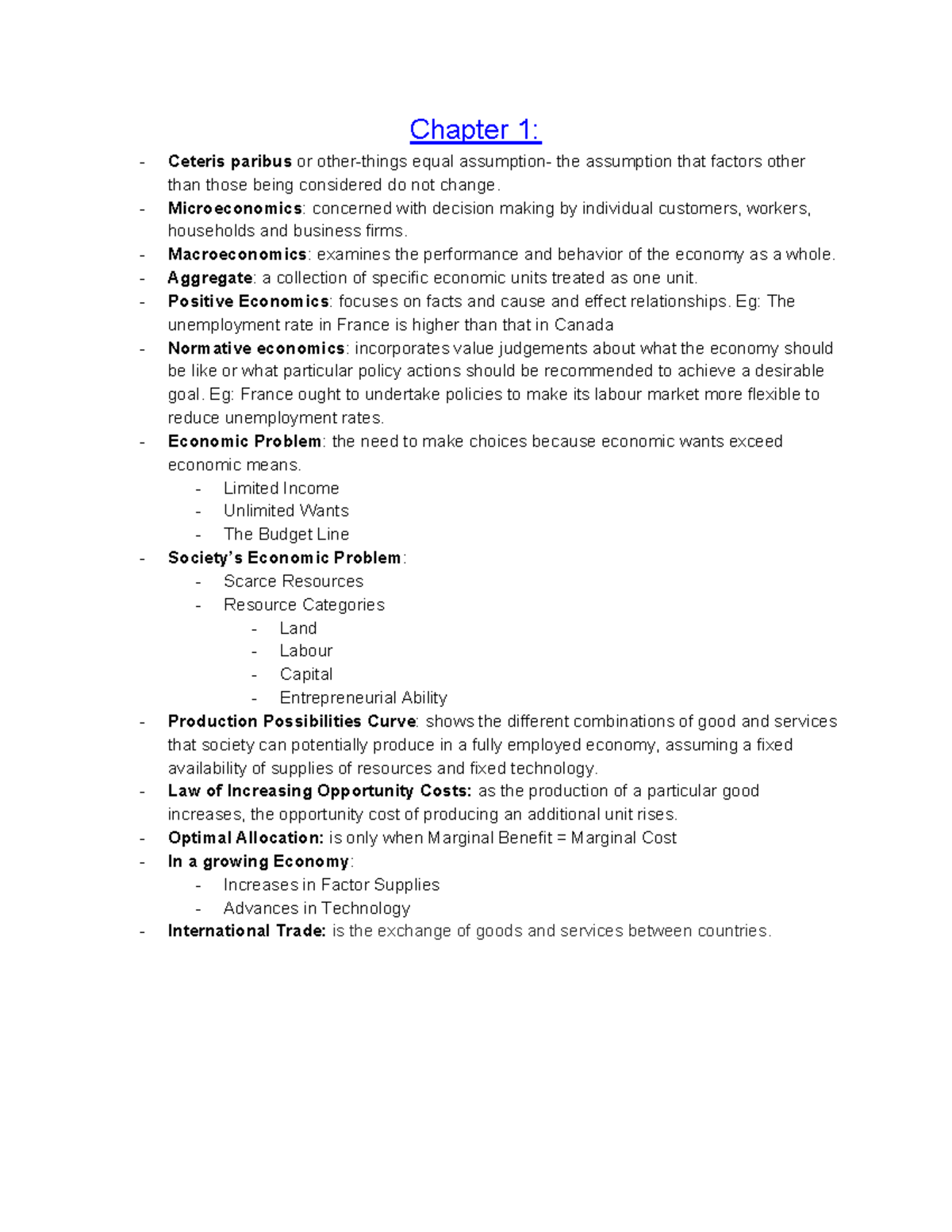 ECN Midterm 1 Cheat Sheet - Chapter 1: Ceteris paribus or other-things ...