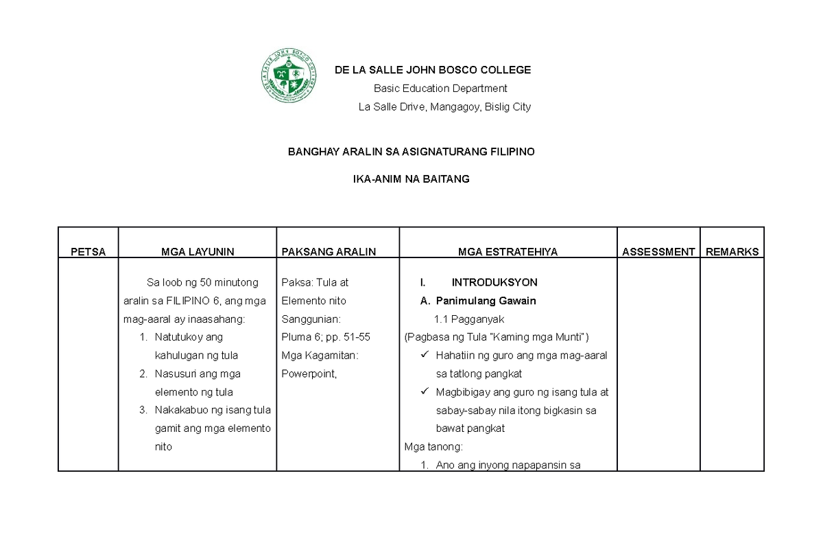 Filipino 6 Tula Lesson Plan Filipino Major De La Salle John Bosco College Basic Education 5138