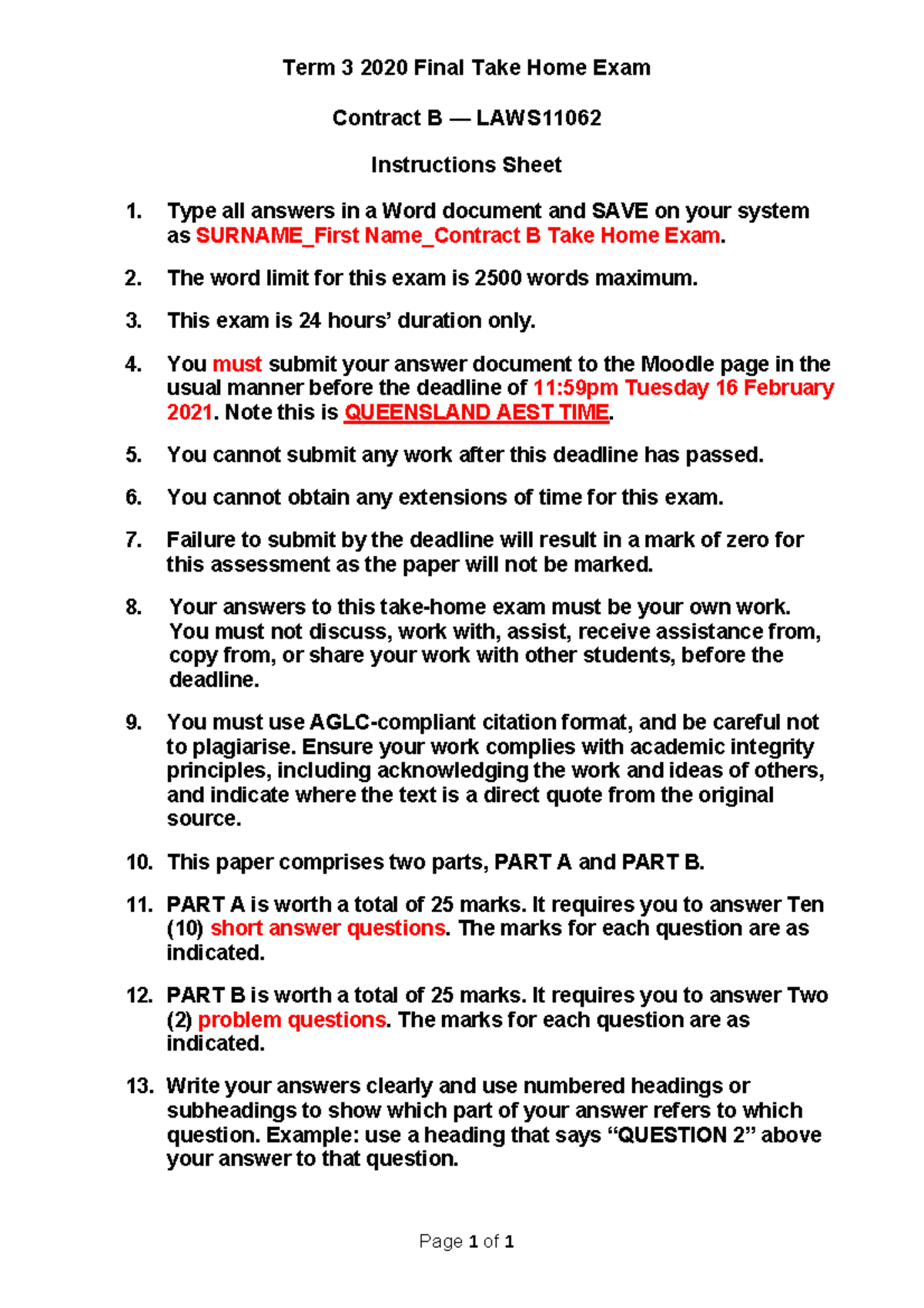 Contract LAW B - TAKE HOME Paper Instructions Sheet ONLY - Term 3 20 20 ...