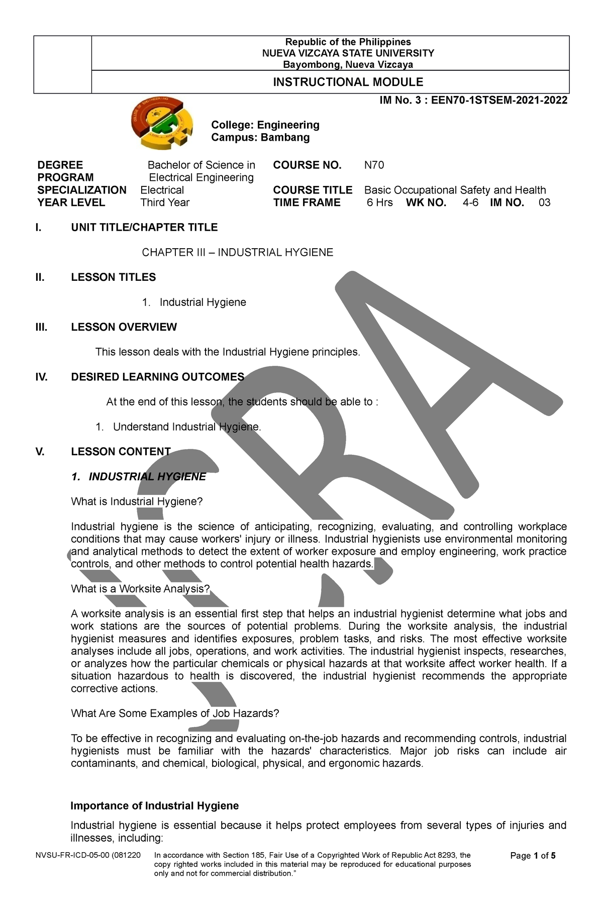 Module BOSH Chapter 3 - INDUSTRIAL HYGIENE And Learning Activities ...