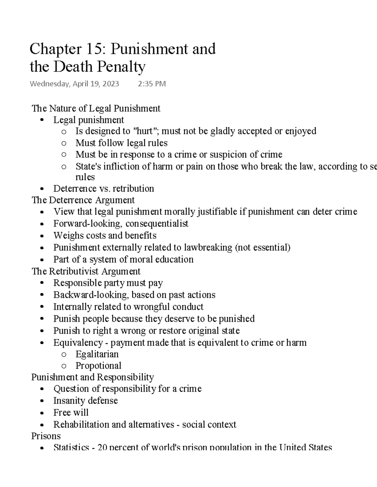 Chapter 15 Punishment and the Death Penalty The Nature of Legal Punishment Legal punishment Is