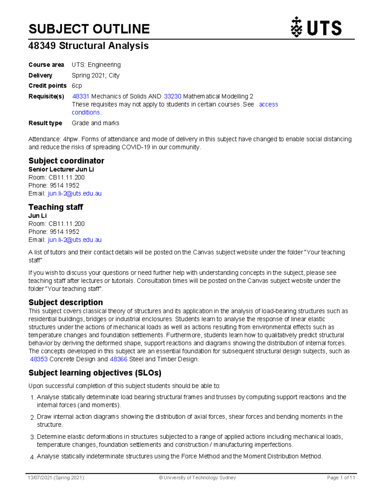 Subject outline online Spring 2021- structural analysis - SUBJECT ...