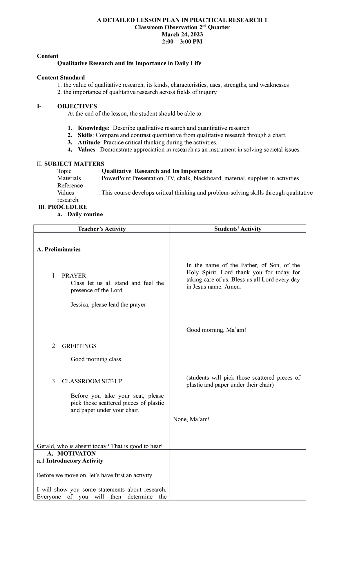 COT-DLP-grace - dlp - A DETAILED LESSON PLAN IN PRACTICAL RESEARCH 1 ...