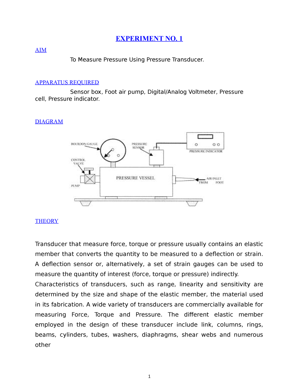 Theory Of Elasticity And Plasticity 19ste12102 Experiment No 1 Aim To Measure Pressure Using