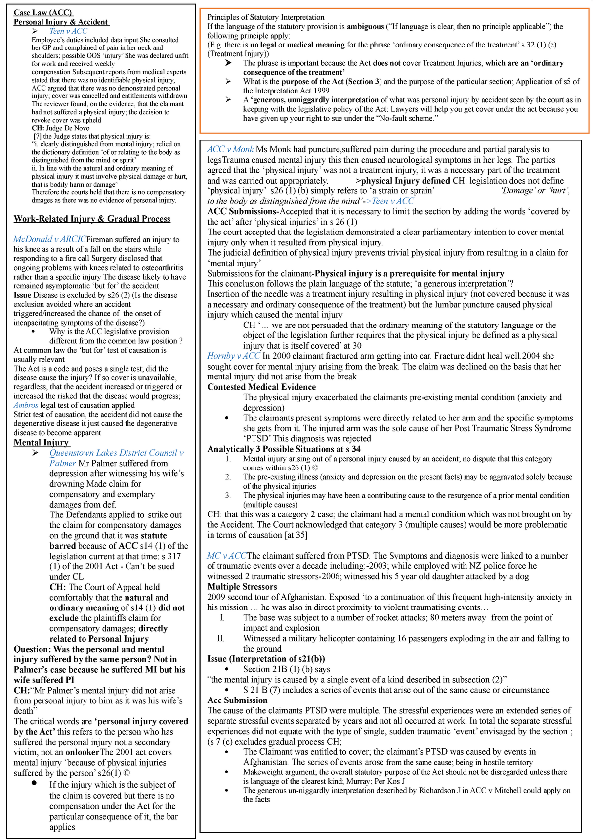 Torts; ACC cheat sheet - Case Law (ACC) Personal Injury & Accident Teen ...