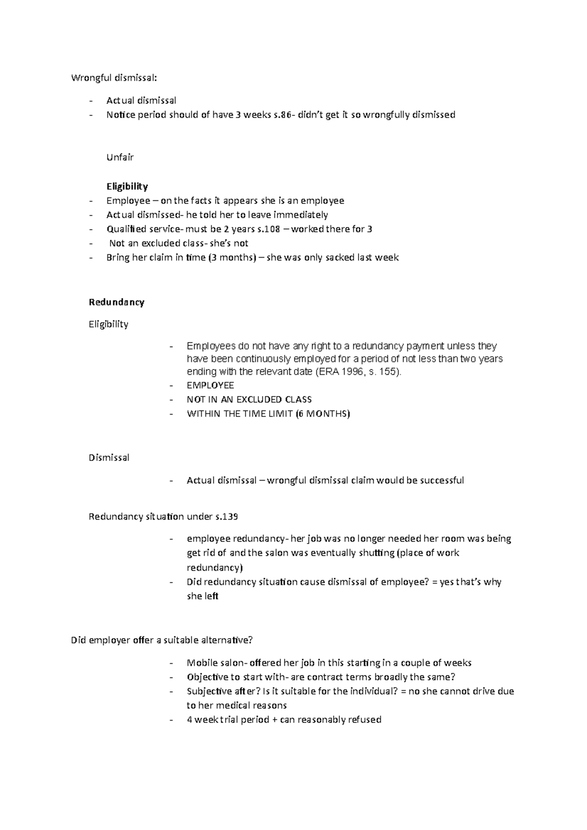 Ws11 Notes and Tasks - Wrongful dismissal: Actual dismissal Noice ...