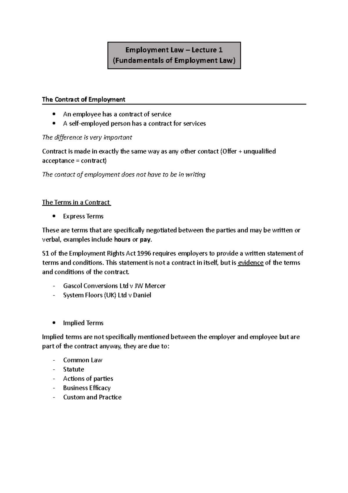 Lecture 1 - Fundamentals of Employment Law - Employment Law – Lecture 1 ...