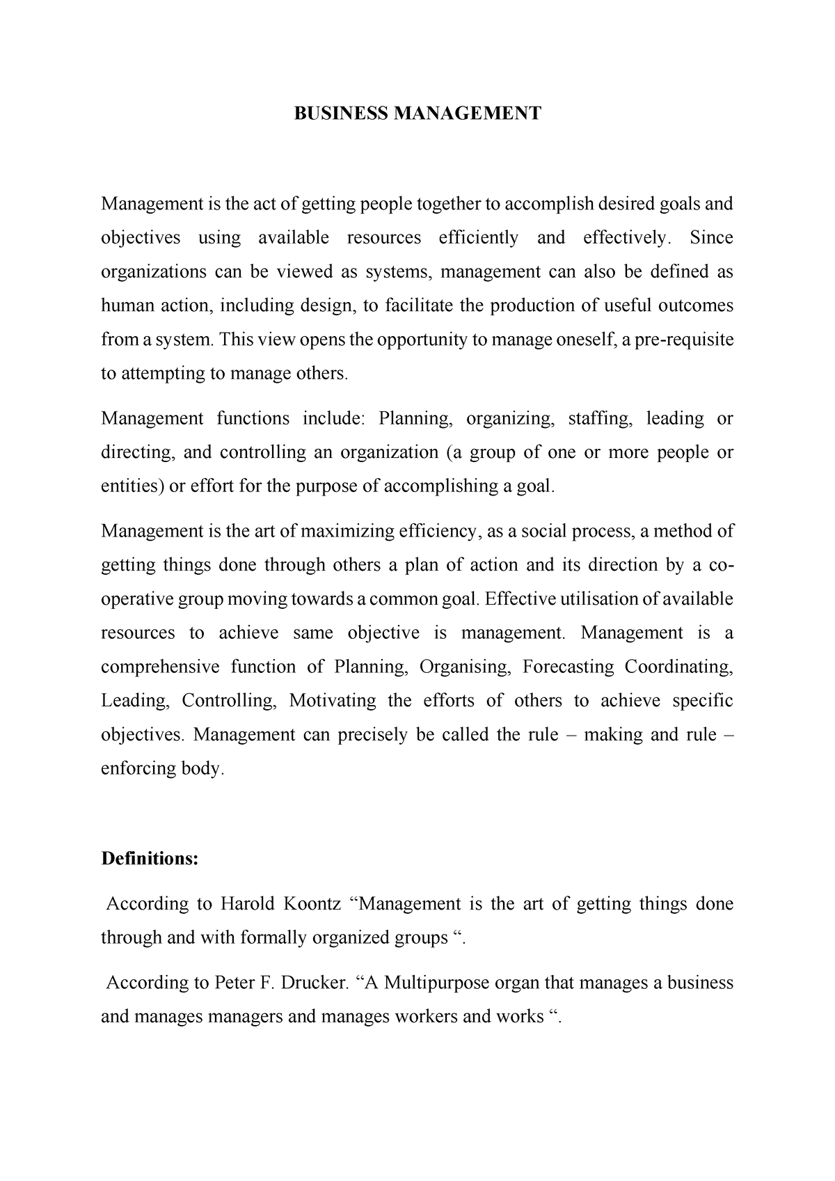 essay about the importance of business management