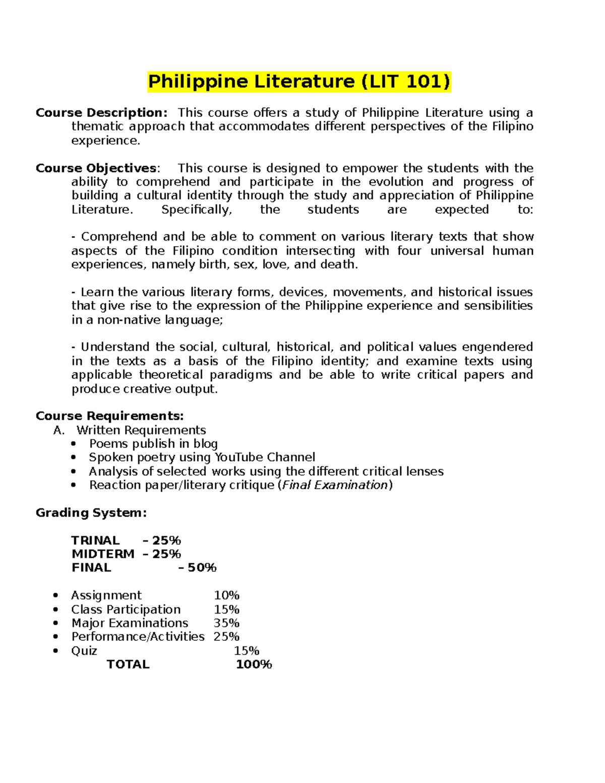 Course Syllabus Philippine Literature LIT 101 Course Description 