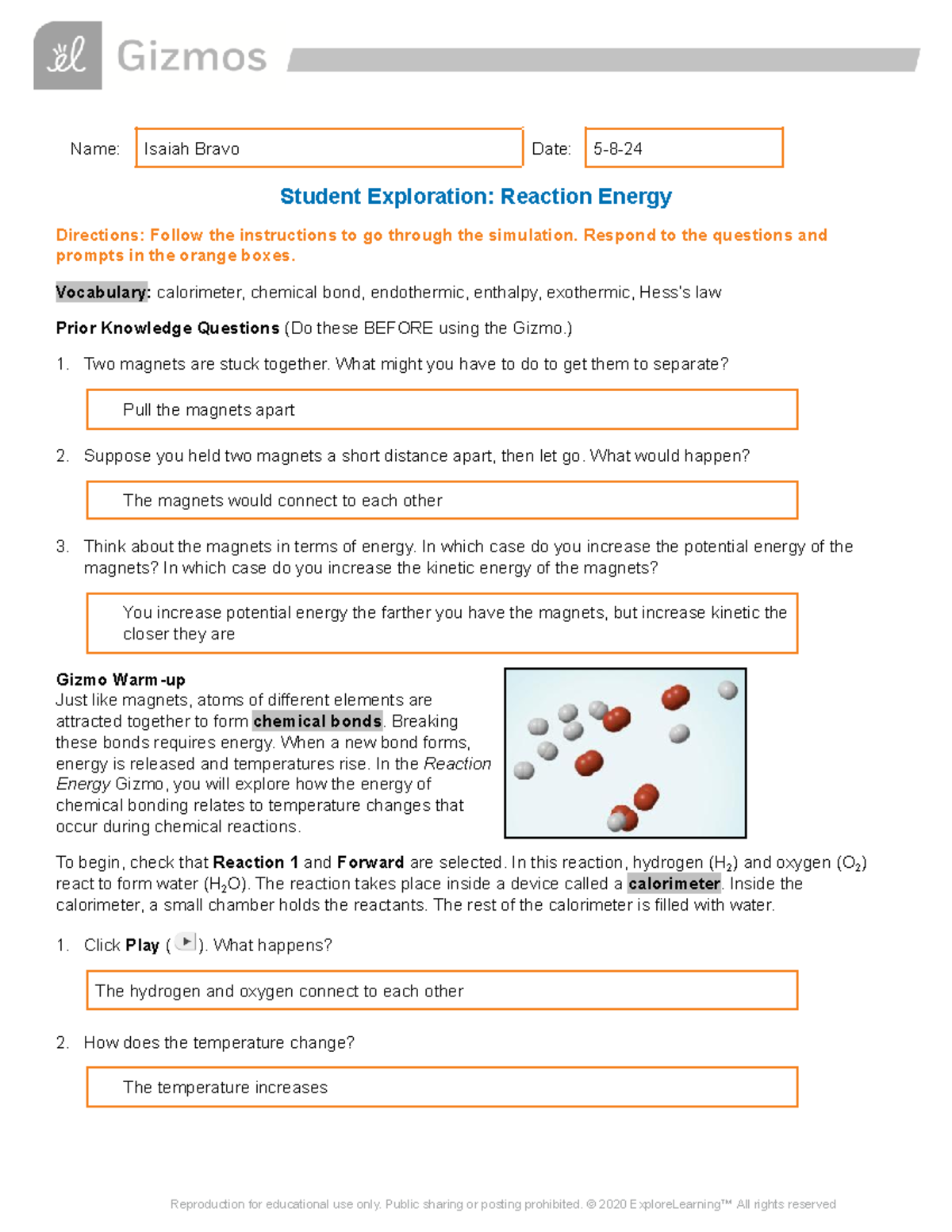 Copy of Reaction Energy SE - Name: Isaiah Bravo Date: 5-8- Student ...