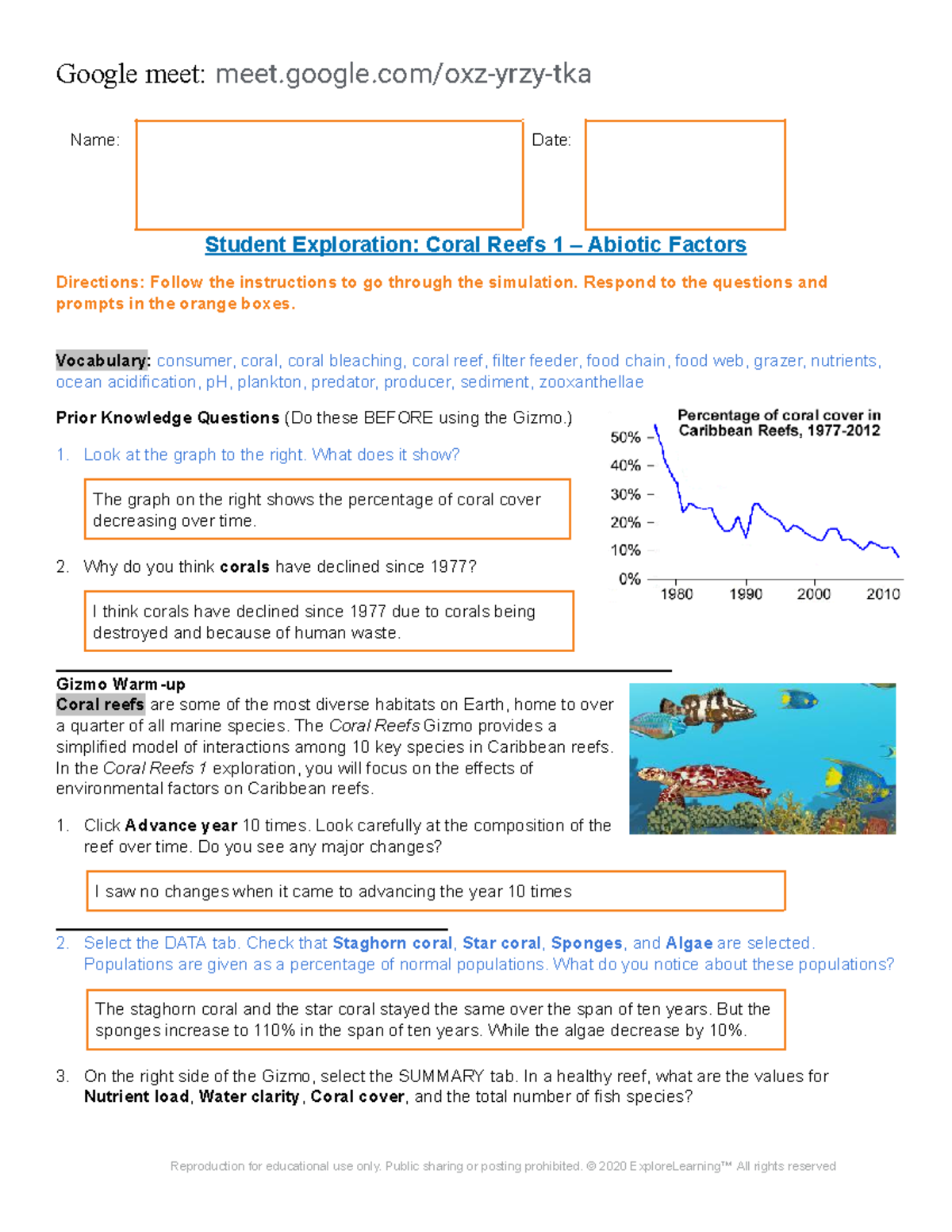 Coral Reef Gizmo Google meet meet.google/oxzyrzytka Name Date