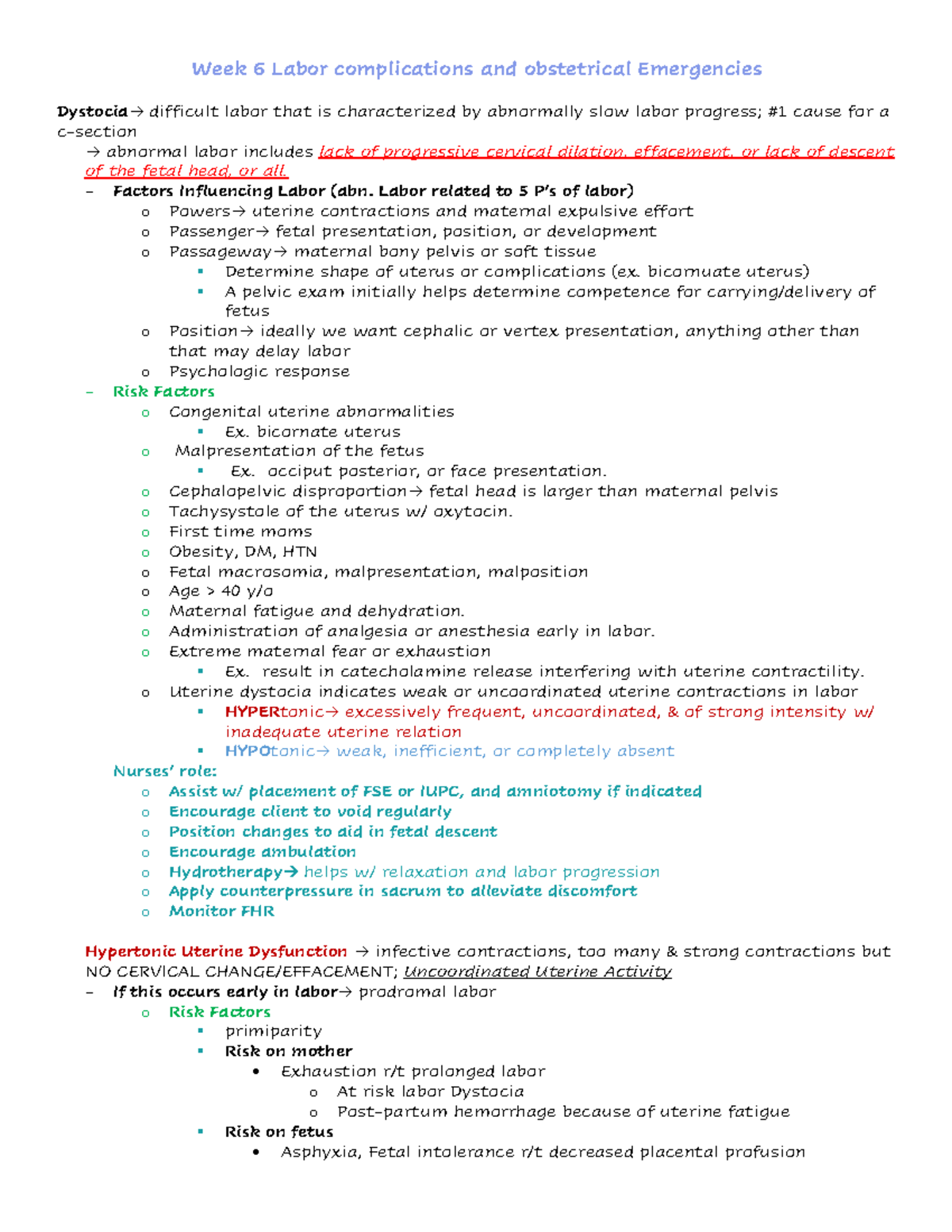 Week 6 Labor complications and obstetrical Emergencies - BIO 50A - Studocu