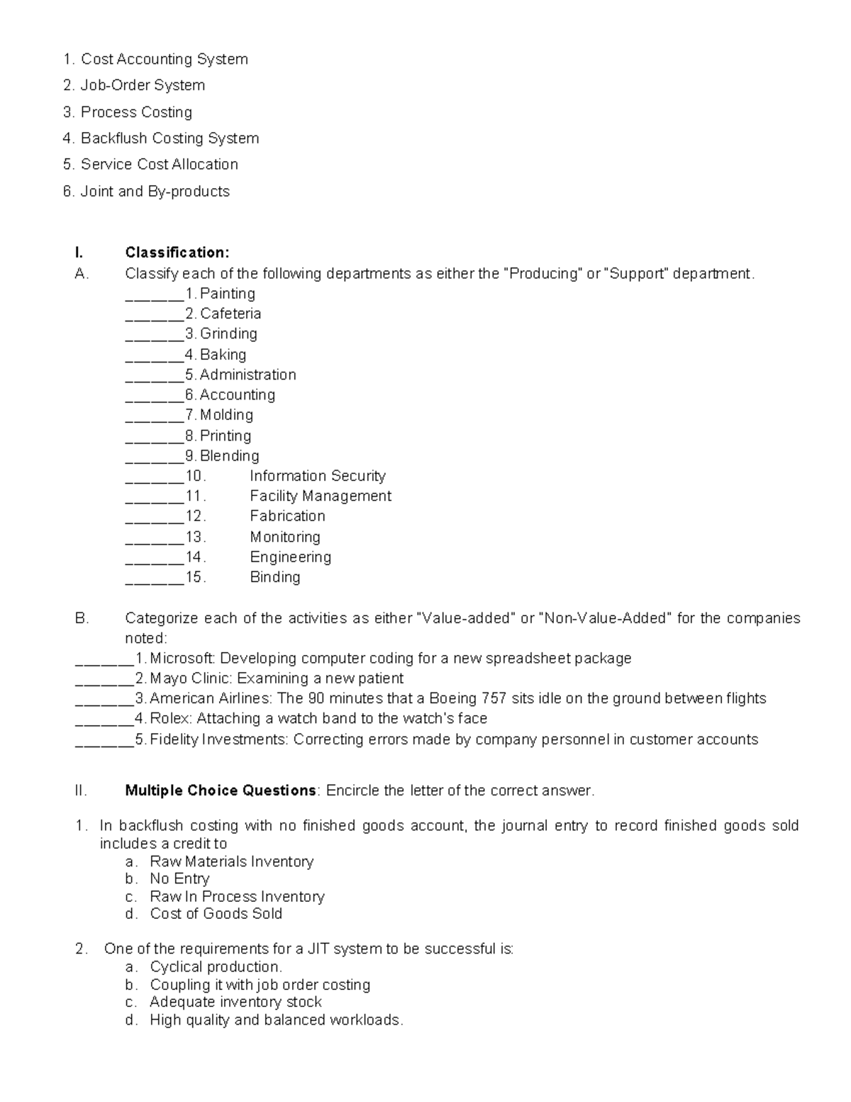 Exam Practice Test - materials - Cost Accounting System Job-Order ...