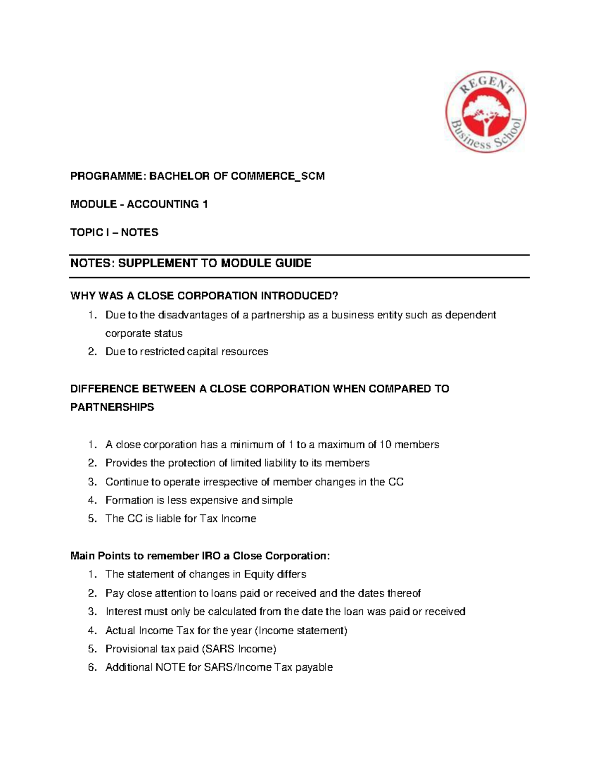 BCOM SCM ACC 1 Topic I Notes - MODULE - ACCOUNTING 1 TOPIC I – NOTES ...
