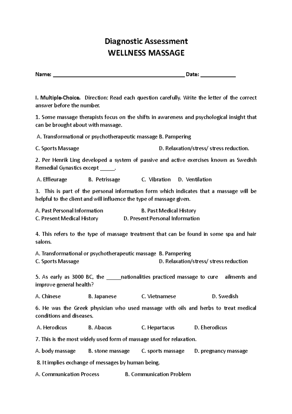 Diagnostic Assessment - Diagnostic Assessment WELLNESS MASSAGE Name ...