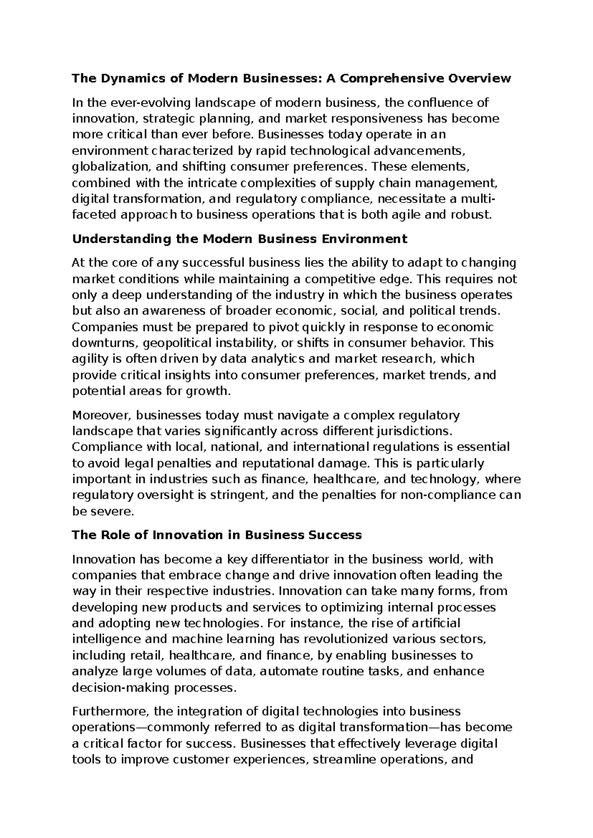 Business studies - The Dynamics of Modern Businesses: A Comprehensive ...