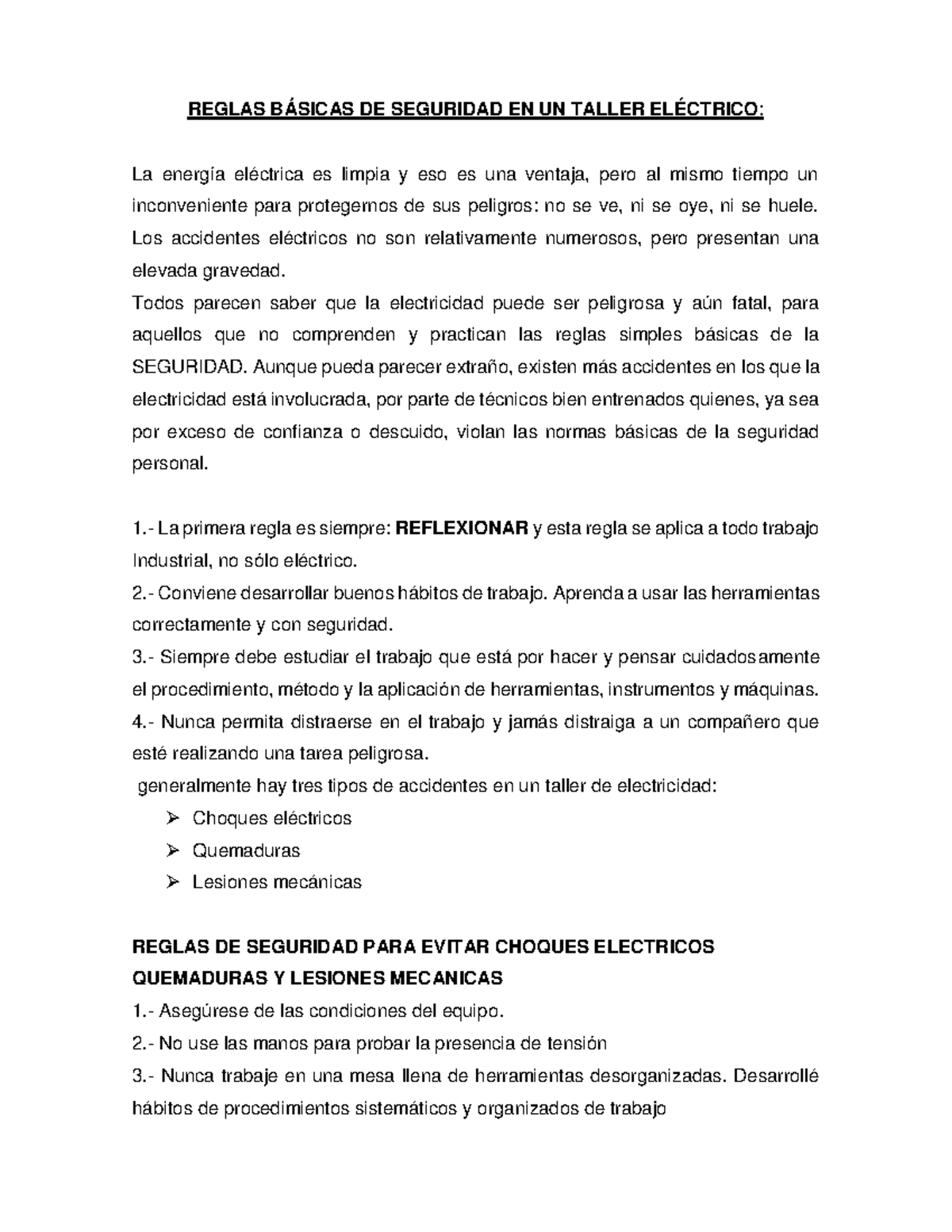 1. Reglas Básicas DE Seguridad EN UN Taller DE Electricidad - REGLAS ...