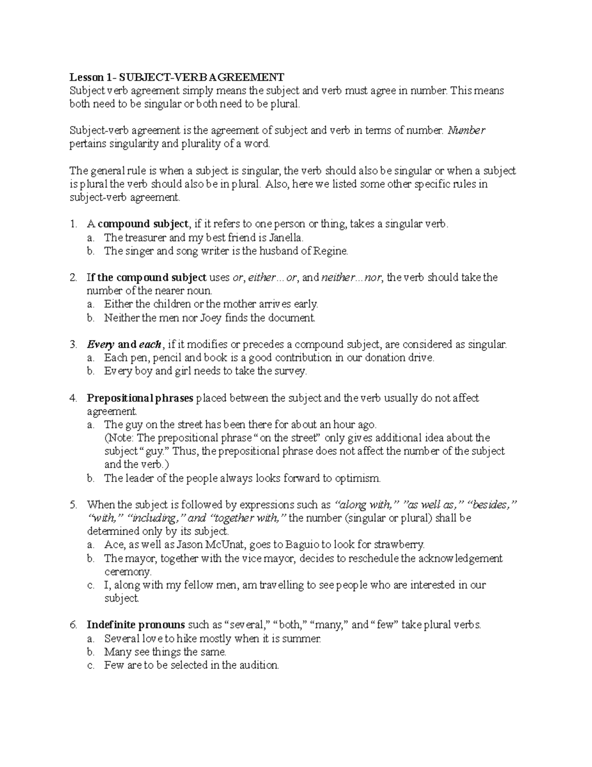 BSED Lesson 1 - Subject Verb Agreement - Lesson 1- SUBJECT-VERB ...