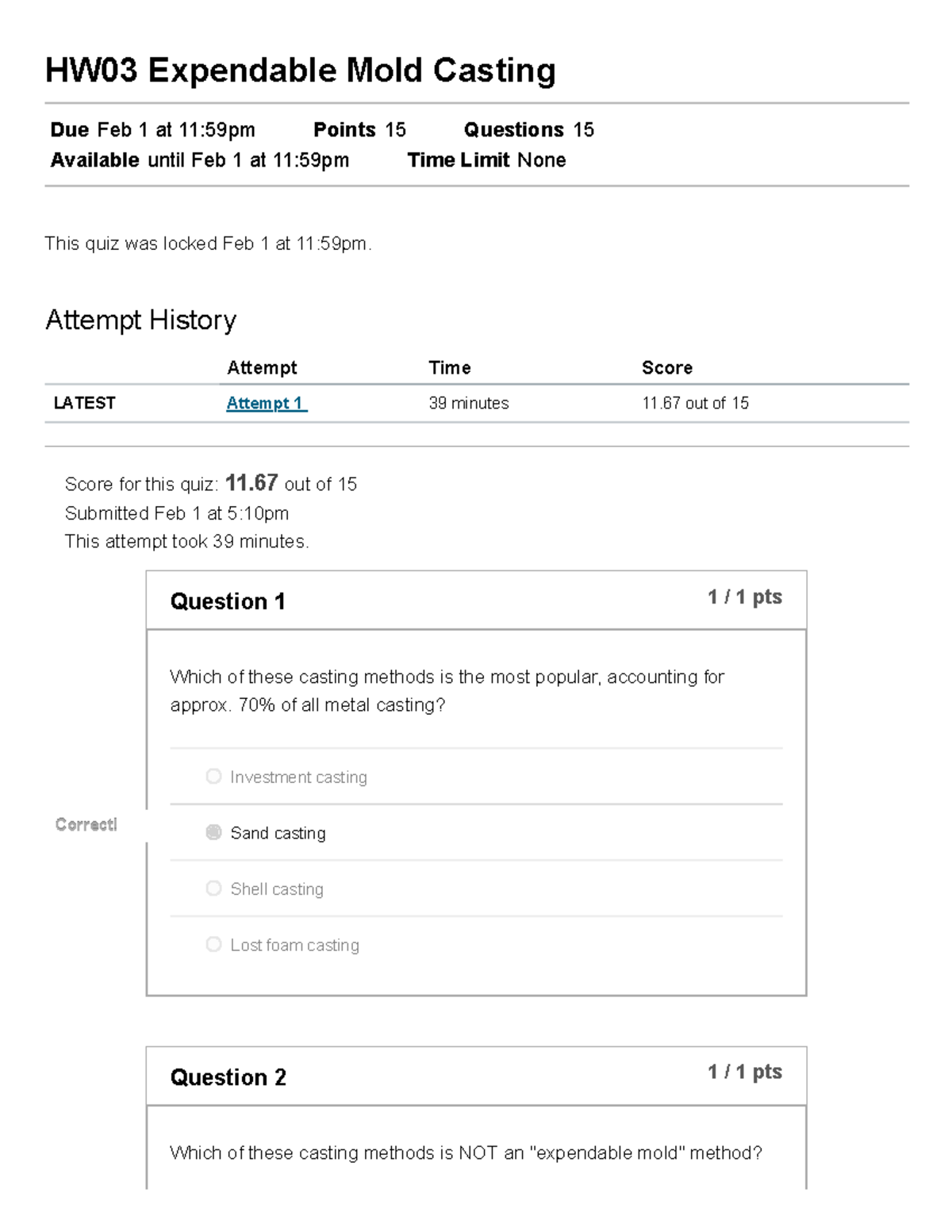 Hw03 Expendable Mold Casting - Attempt History Attempt Time Score 