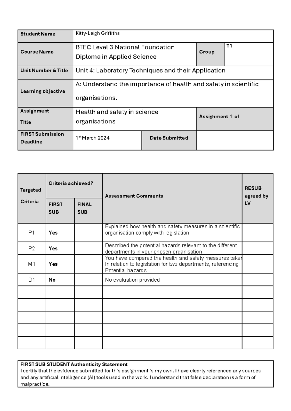 unit 4 health and safety assignment