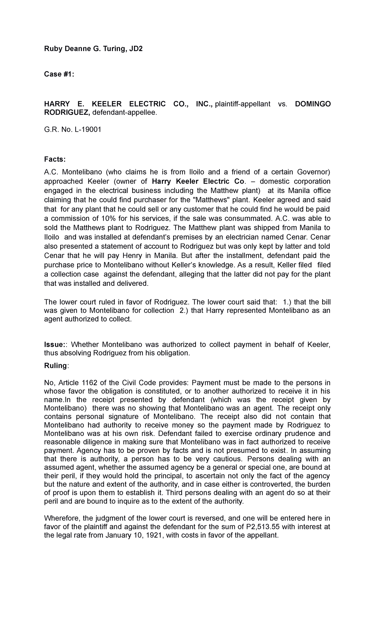 Ruby Deanne G Ruby Deanne G. Turing, JD Case 1 HARRY E. KEELER