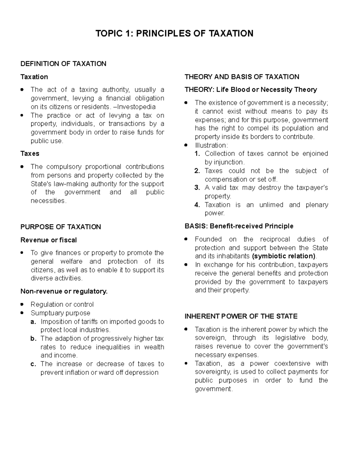 Taxation Lecture 1 TOPIC 1 PRINCIPLES OF TAXATION DEFINITION