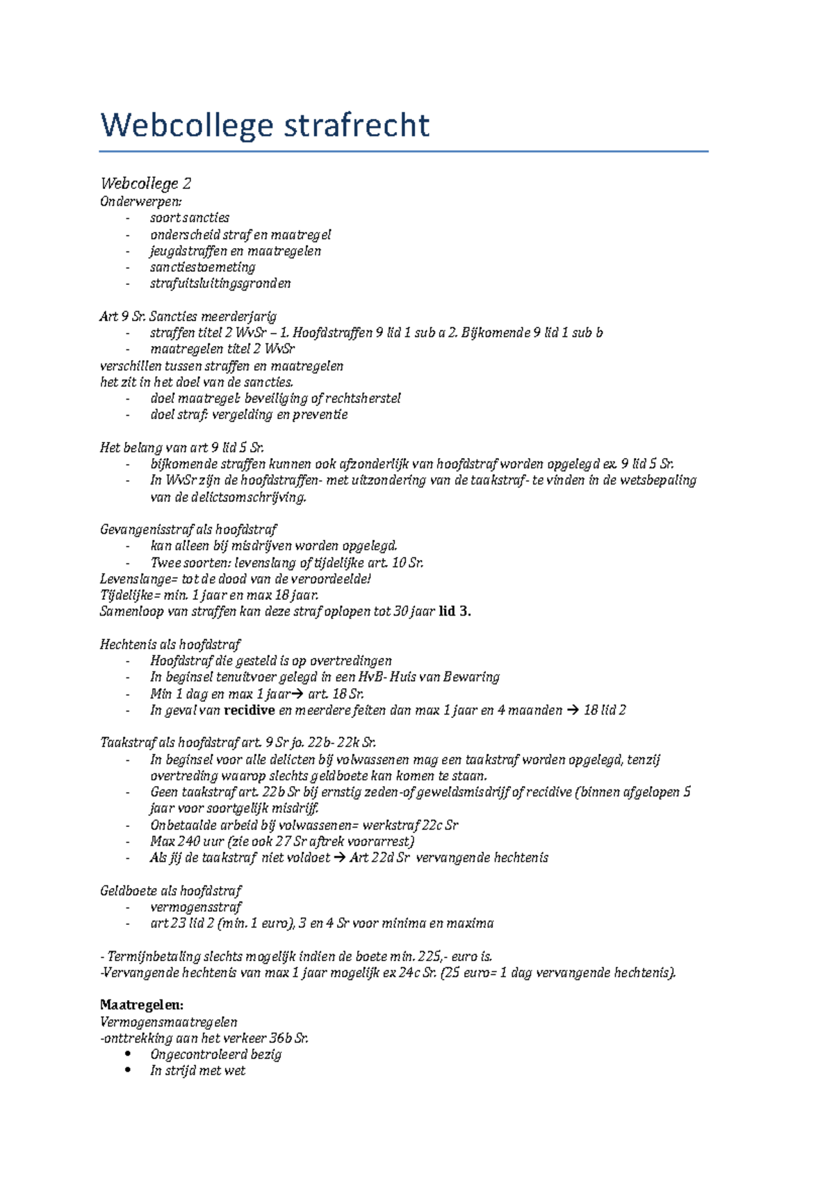Webcollege Strafrecht - Sancties Meerderjarig Straffen Titel 2 WvSr 1 ...