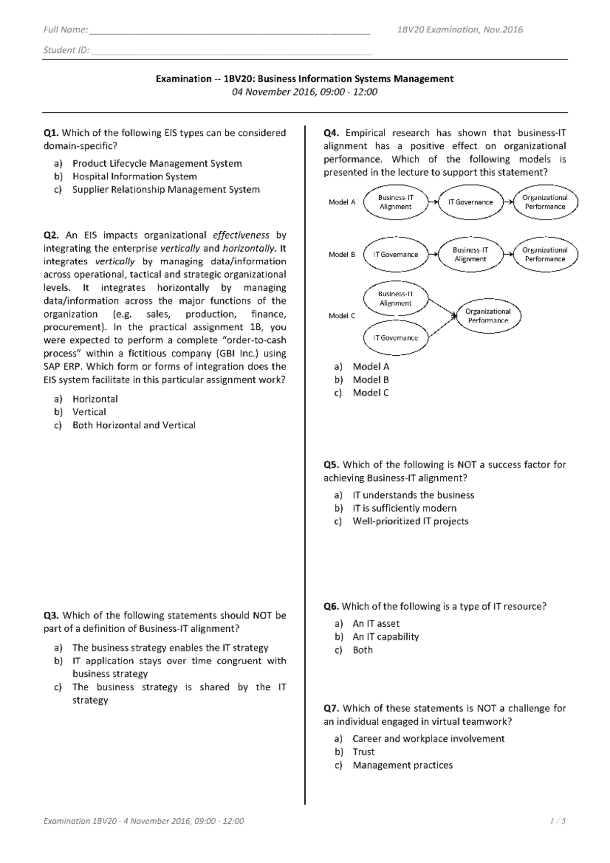 1BV20-Exam-Nov2016 - 50 Multiple Choice Vragen - Microeconomics ...