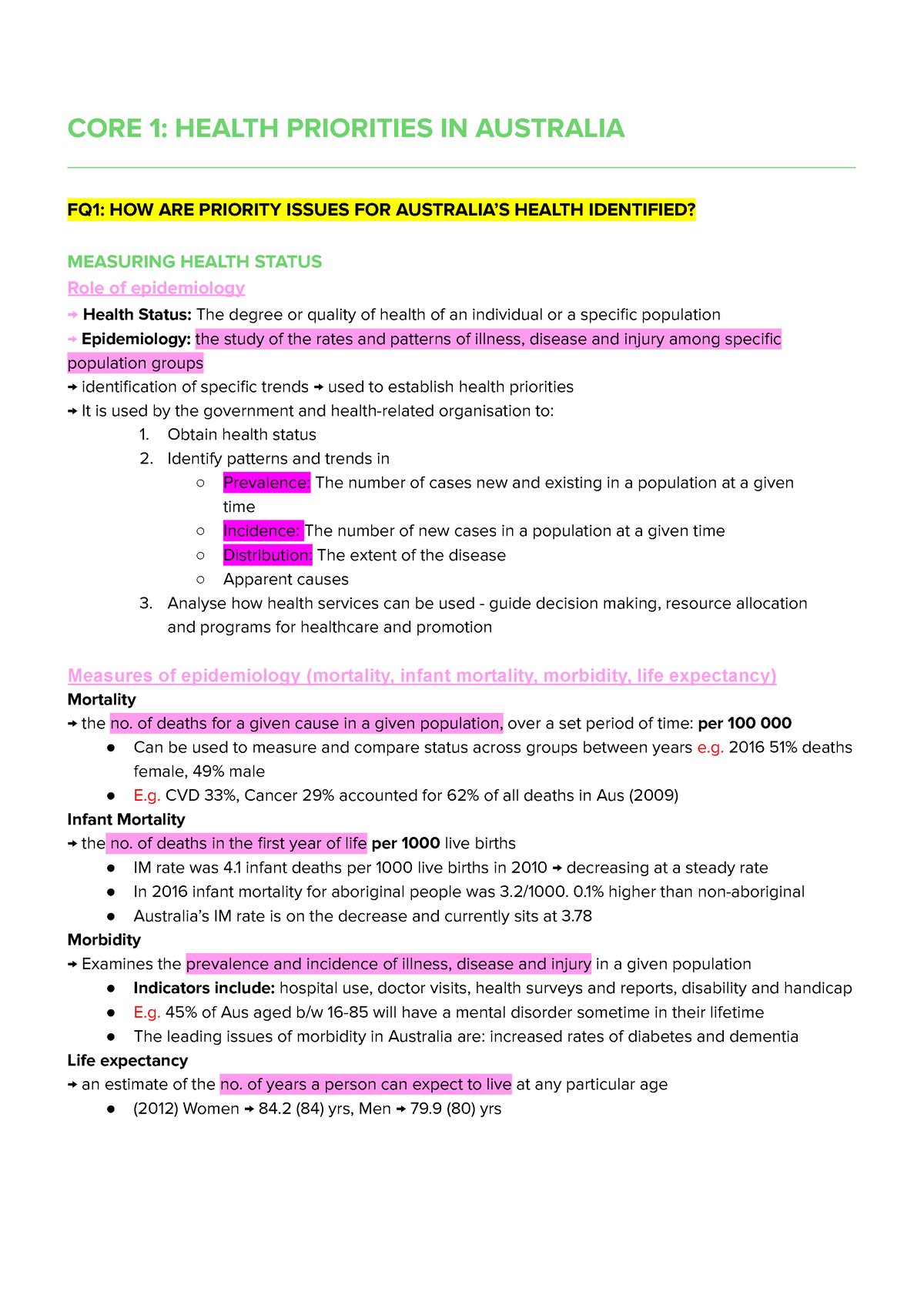 Health Priorities Notes - CORE 1: HEALTH PRIORITIES IN AUSTRALIA - Studocu