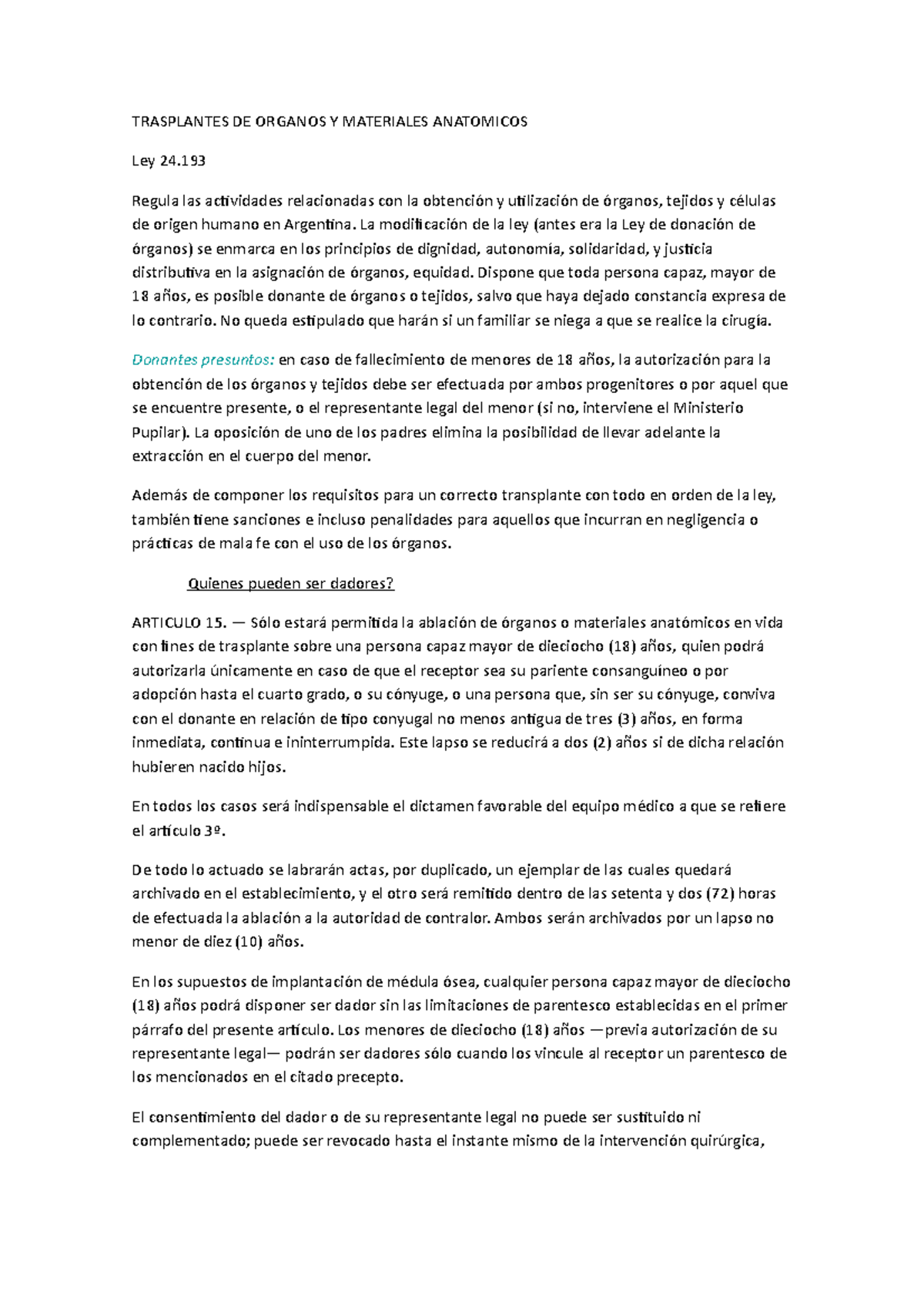 LEY Transplante DE ORG AXEL Pomerantz TRASPLANTES DE ORGANOS Y
