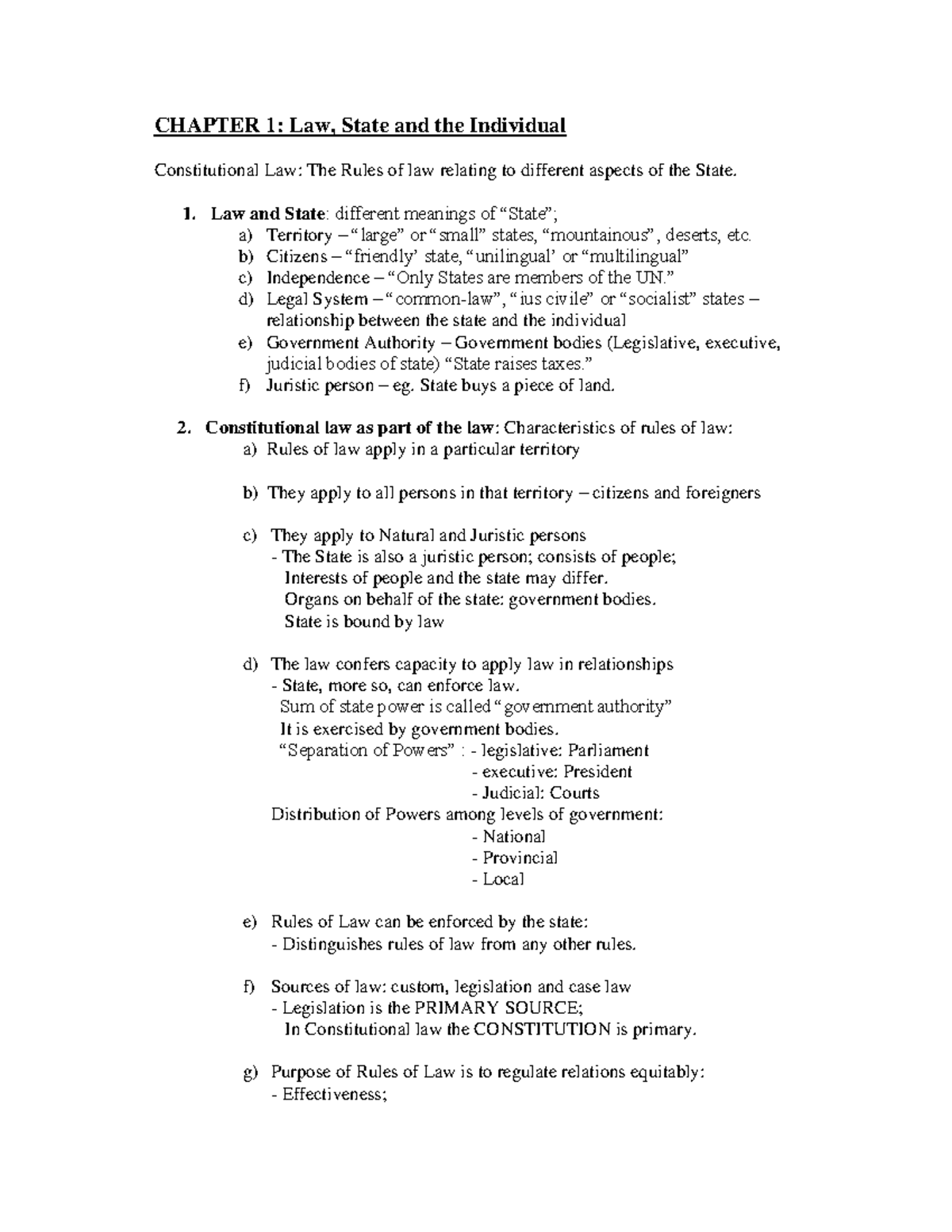 Constitutional law notes - CHAPTER 1: Law, State and the Individual ...