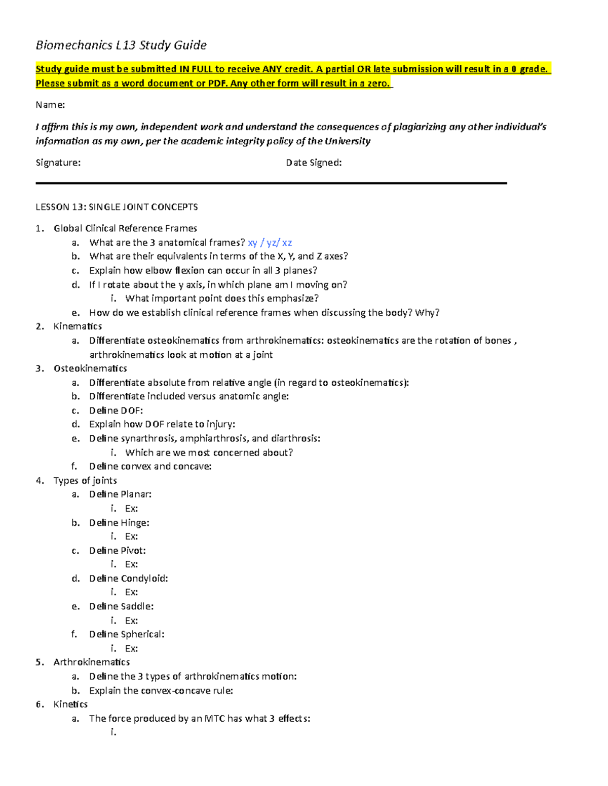 LESSON 13: SINGLE JOINT CONCEPTS - Biomechanics L13 Study Guide Study ...