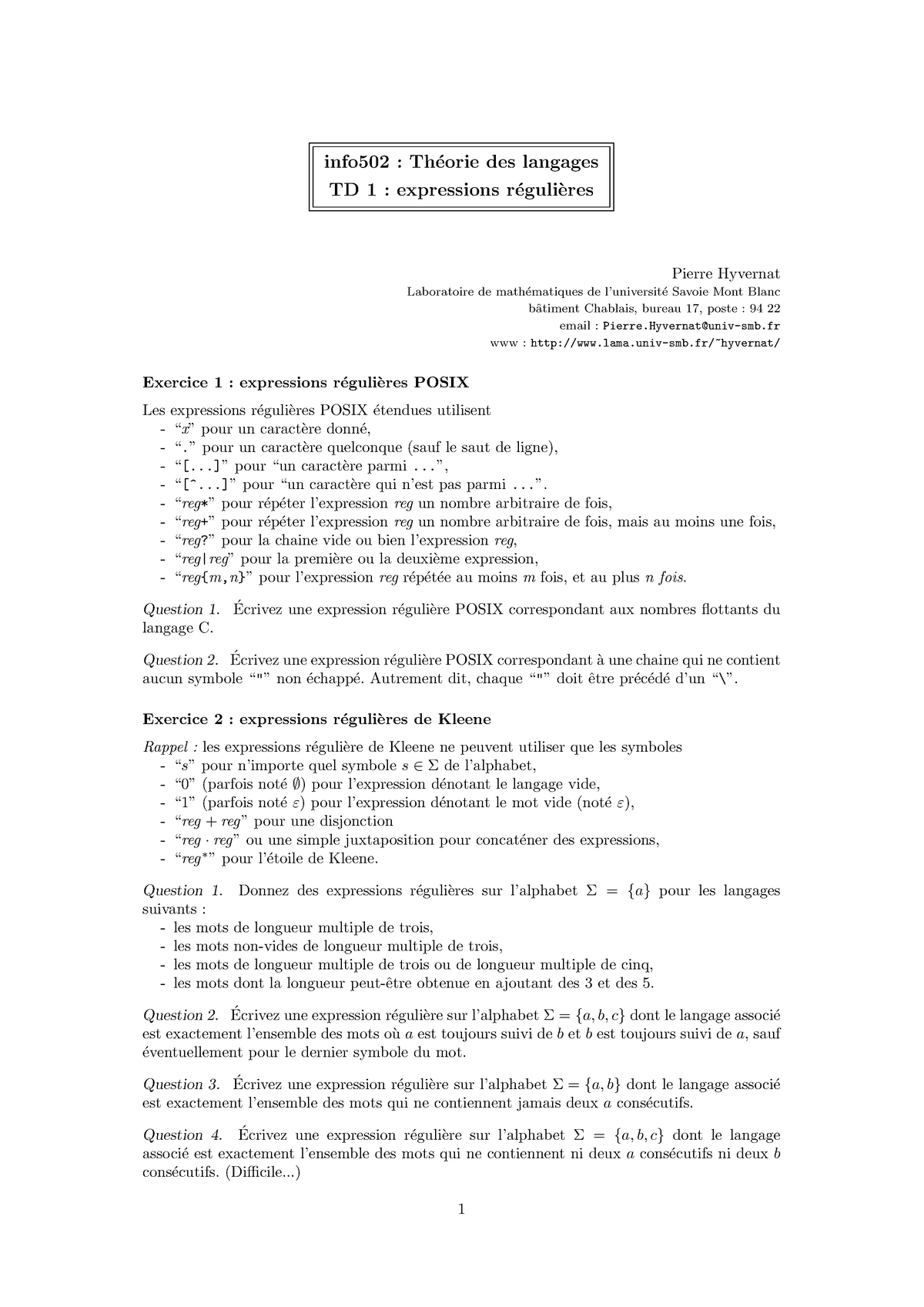 Td1 - TD 1 : Expressions Régulières - Info502 : Th´ Eorie Des Langages ...