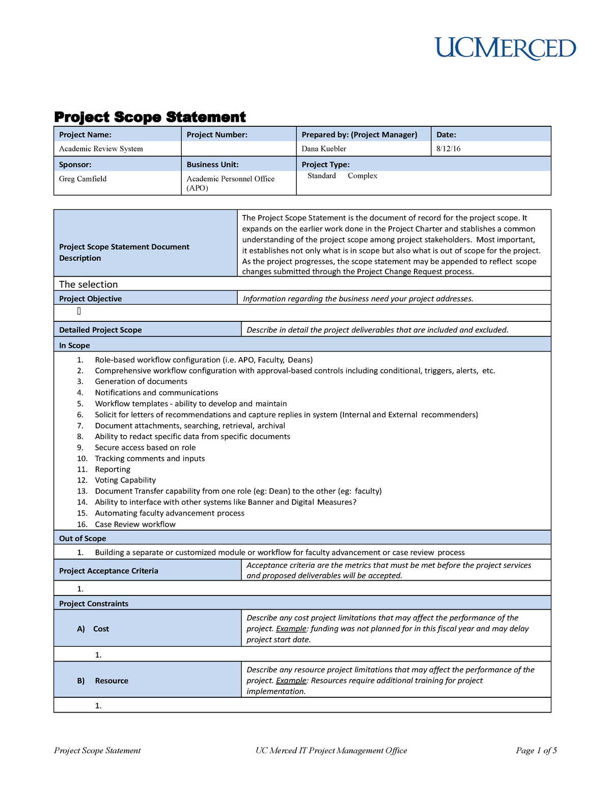 Status report template 31 - Project Scope Statement UC Merced IT ...