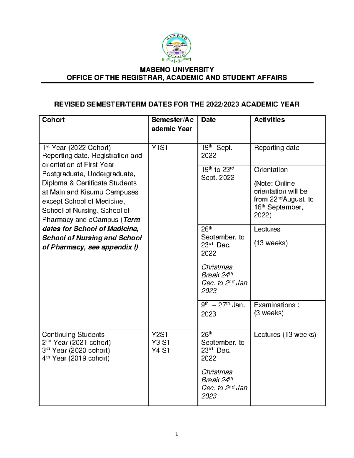 Revised Semester-Term Dates for 2022-2023 Academic Year - MASENO