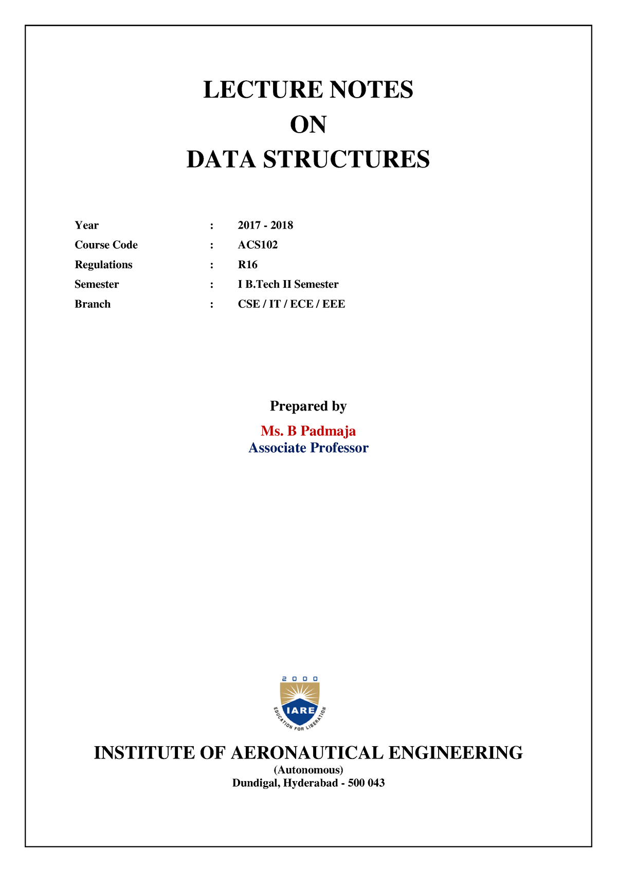 DSA Notes free - LECTURE NOTES ON DATA STRUCTURES Year : 2017 - 2018 ...