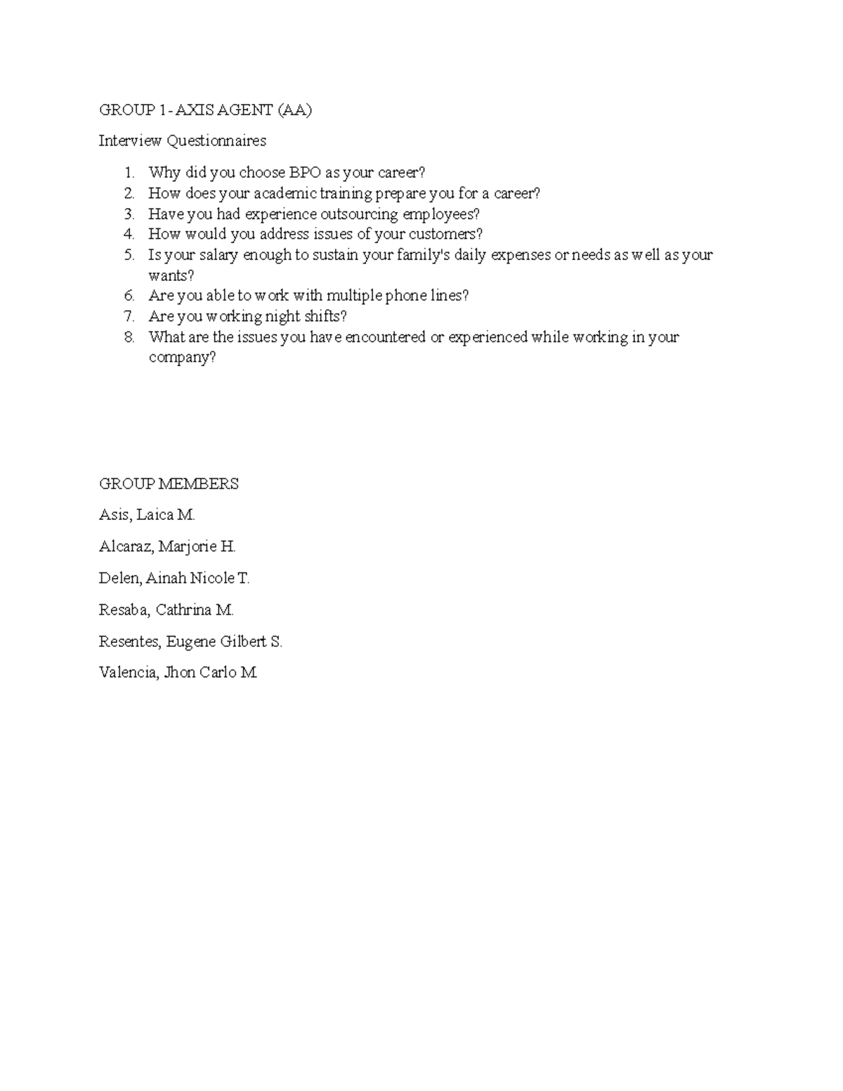 Group 1 BPO- Handout - activity - GROUP 1- AXIS AGENT (AA) Interview ...