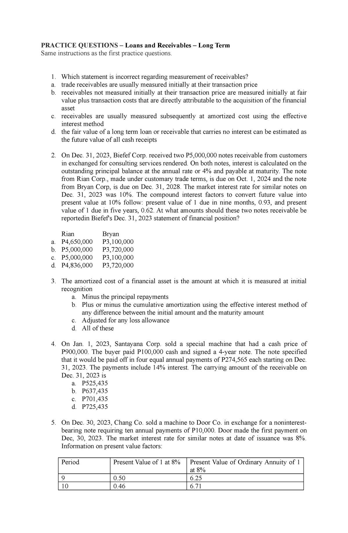 Loans-and-Receivables - PRACTICE QUESTIONS – Loans And Receivables ...